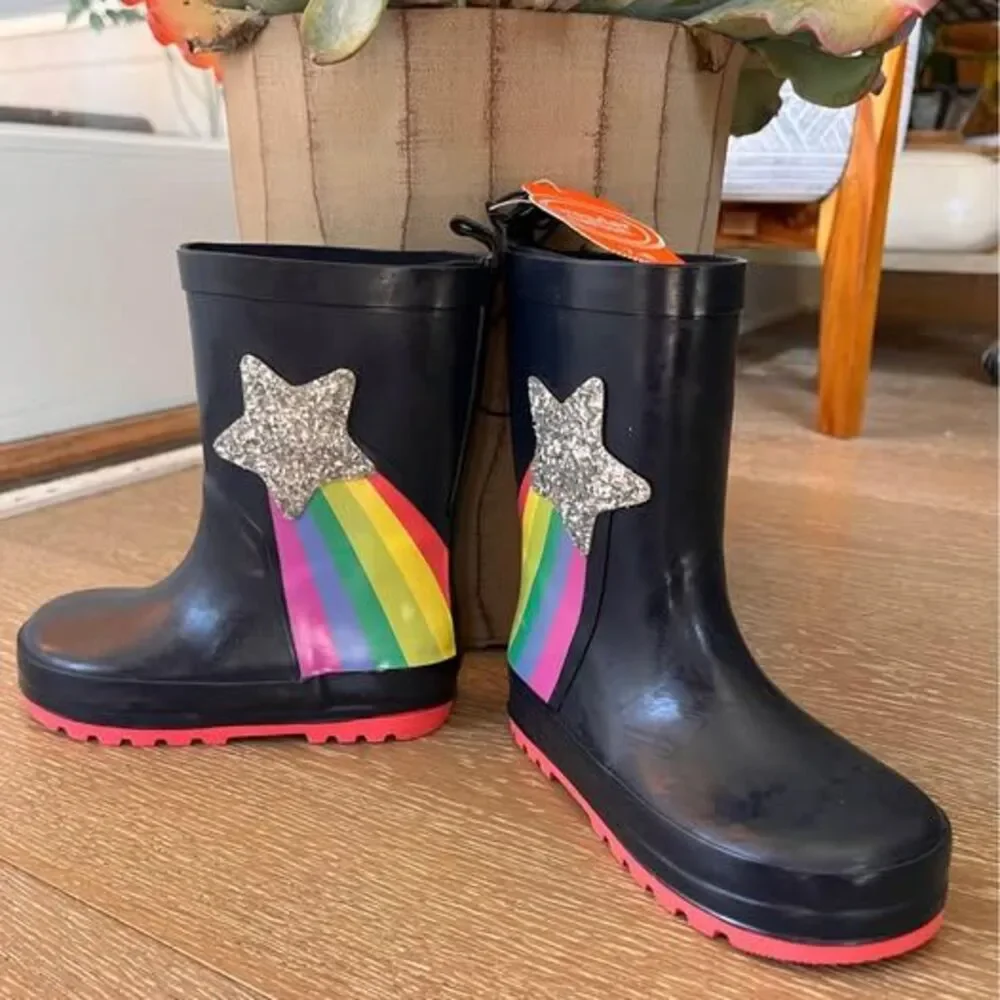 NEW With Tags Toddler Girls Star Rainbow Rain Rubber Boots Shoes Size 7-8